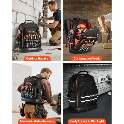 VEVOR Tool Backpack, 64 Pockets, Heavy-duty Tools Storage Organizer Work Bags with Laptop Compartment & Molded Base, Black+Orange — фото 7