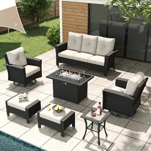 LayinSun Wicker Patio Furniture Set with Fire Pit Table, Classis Outdoor Conversation 360 Degree Swivel Chairs Set with Coffee Table - 1 of 4
