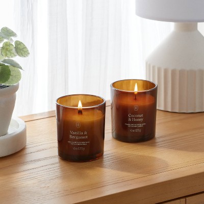 Amber Glass Jar Candle Set with Vanilla, Bergamot, Coconut, and Honey Scents