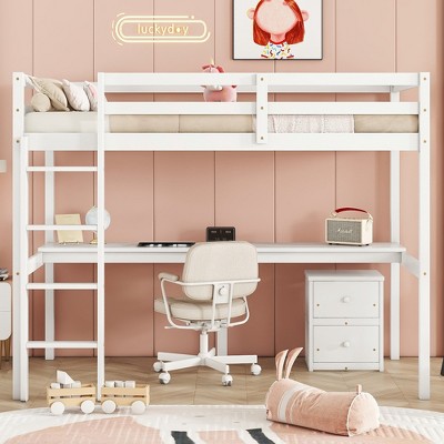 MAYEERTY Twin Loft Wood Bed with Under-bed, Bulit-in Desk, a Storage Cabinet of 2 Drawers, Guardrails, White