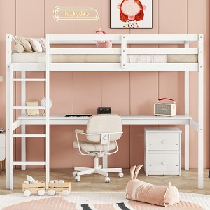 MAYEERTY Twin Loft Wood Bed with Under-bed, Bulit-in Desk, a Storage Cabinet of 2 Drawers, Guardrails, White - 1 of 4