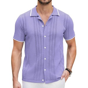 COOFANDY Men's Knit Button Down Shirt Vintage Short Sleeve Polo Shirts Casual Beach Tops - 1 of 4
