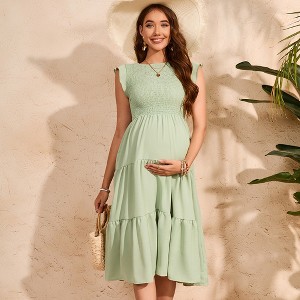 Womens Maternity Summer Casual Flutter Short Sleeve Smocked Dress Crew Neck Tiered Midi Dress Baby Shower Photoshoot - 1 of 4