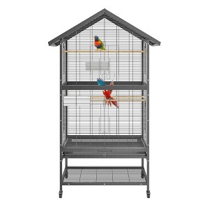 Large Brid Cage, Wrought Iron Bird Fight Cage for Parakeet Conure Cockatoo, Outdoor Bird Cage with Wheels, 4 Perches, 4 Feed Bowls, Black - 1 of 4