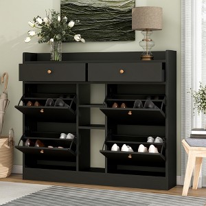 TIRAMISUBEST Modern Tipping Bucket Shoe Cabinet with 4 Flip Drawers, Multifunctional 2-Tier Shoe Storage Organizer w/ Drawers, Freestanding Shoe Rack - 1 of 4