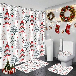 Winter Shower Curtain Set Xmas Tree Theme Bathroom Decor 4Pcs Waterproof Shower Curtain with Rugs Toilet Lid Cover - 1 of 4