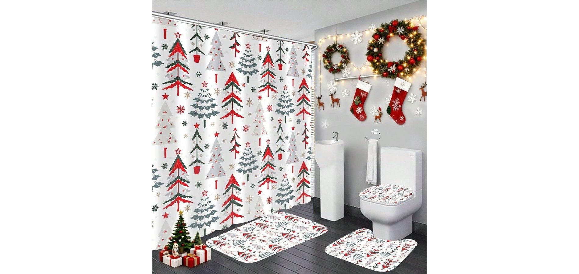Winter Shower Curtain Set Xmas Tree Theme Bathroom Decor 4Pcs Waterproof Shower Curtain with Rugs Toilet Lid Cover