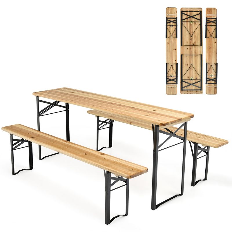 Costway 3 PCS Beer Table Bench Set Folding Wooden Top Picnic Table Patio Garden, 1 of 13