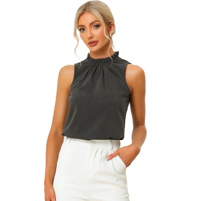 Allegra K Women's Sleeveless Frill Mock Neck Ruffle Chambray Blouse