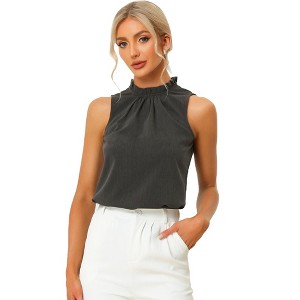 Allegra K Women's Sleeveless Frill Mock Neck Ruffle Chambray Blouse - 1 of 4