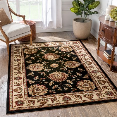 Sultan Sarouk Black and Cream Oriental Floral Area Rug