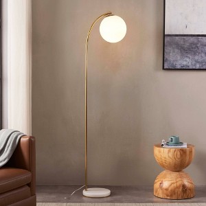 Brightech Luna Drop Mid-Century (Includes LED Light Bulb) Marble Base Arc Floor Lamp Antiqued Brass - 1 of 4