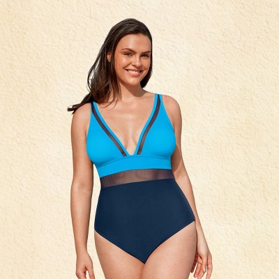 Women's Plus Size V Neck Mesh Sheer One Piece Swimsuit -Cupshe
