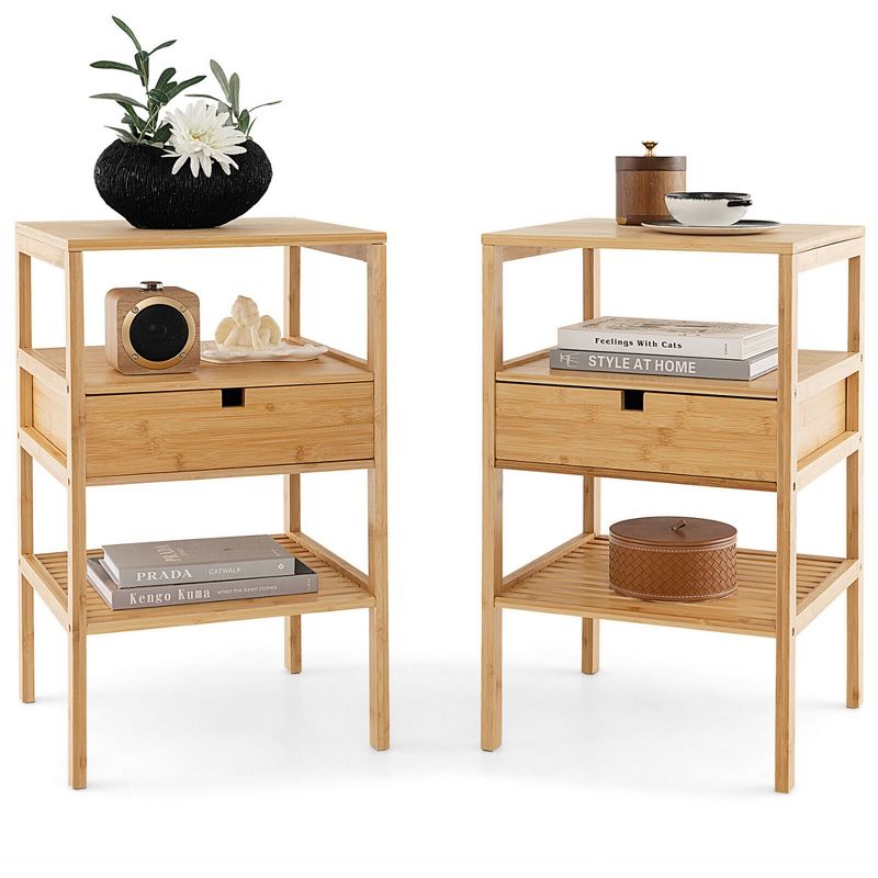 Tangkula Bamboo Nightstands Set of 2 w/ Pull-out Drawer and Storage Shelf Wood Natural, 1 of 11