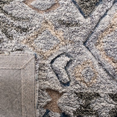 Grey and Olive Hand-Tufted Wool Moroccan Shag Runner Rug