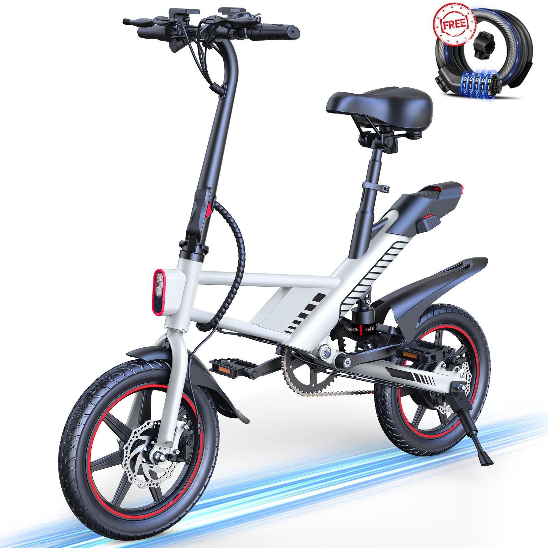 MASTGOAL 14" 450W Folding Electric Bike for Adults Teens, 18.6MPH 36V/10AH, Commuter Cruiser City Ebike,White