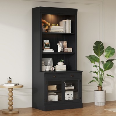 83.4" Tall Bookshelf with LED Lighting, Modern Bookcase with Open Shelves and Storage for Living Room, Home Office, White/Black - ModernLuxe