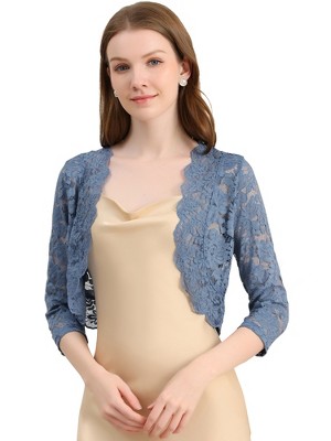 INSPIRE CHIC Women's Elegant 3/4 Sleeve Sheer Floral Lace Open Front Crop Shrug