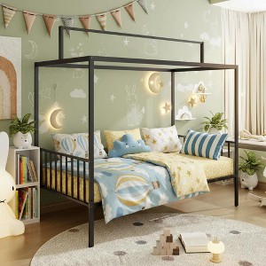 Polibi 3-in-1 Convertible Montessori Metal Floor Bed with Fence Guardrails and Canopy Frame - 1 of 4