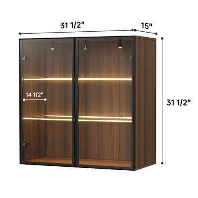 Wall Mounted Curio Cabinet with Glass Doors,15.75"D x 31.50"W x 32.25"H,Brown