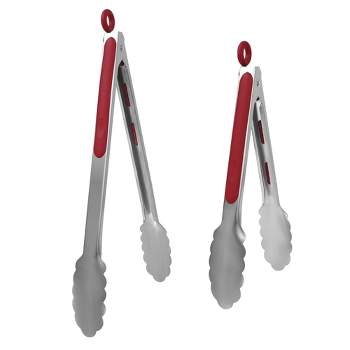 Unique Bargains Silicone Handle Stainless Steel BBQ Non-stick Locking Tongs Burgundy 9"&12" 2 Pcs