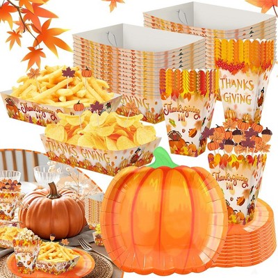 Hachikiko 134-Piece Thanksgiving Party Tableware Set with Pumpkin Paper Plates, Popcorn Boxes, Food Trays & Fall Cocktail Picks