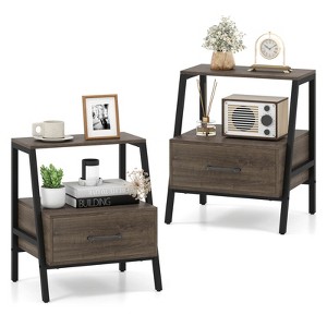 Costway 1/2 PCS Nightstand with Drawer Farmhouse 3-Tier Bedside Table with Open Shelf End Table - 1 of 4