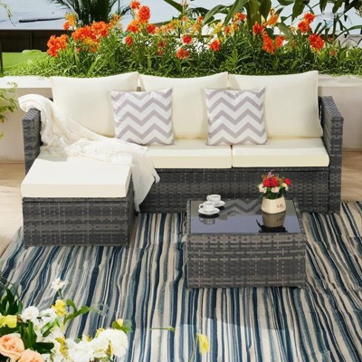 3-Pieces Outdoor Patio L-Shaped Sectional Sofa Set with Glass Coffee Table