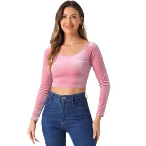 INSPIRE CHIC Women's Velvet Scoop Neck Long Sleeve Solid Crop Top - 1 of 4