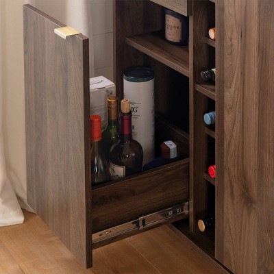 Scandi-Chic Glam Walnut Buffet with Wine Storage and Marble Accents