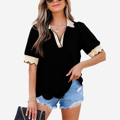 Amaryllis Women’s Puff Sleeve Scallop Trim Contrast Collared Knit Top with Split Neckline