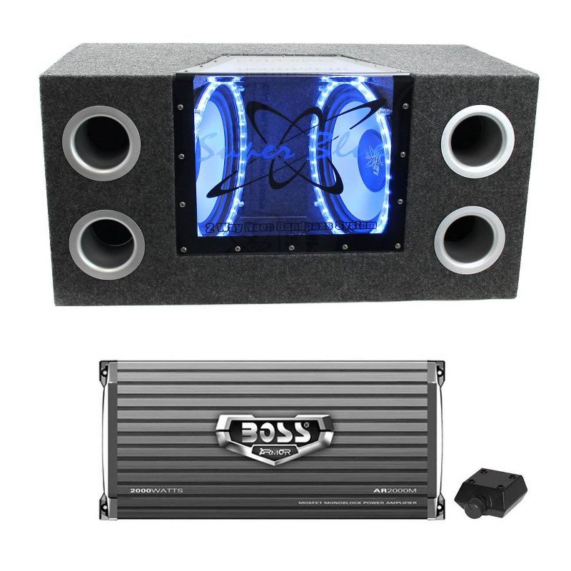 Pyramid BNPS102 10" 1000W Car Subwoofers Sub Bandpass System with Neon Accent Lighting and Boss PDX-1000.2 2000W 2-Ohm 2-Channel Amplifier Amp, 1 of 7