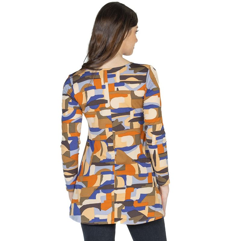 24seven Comfort Apparel Womens Orange Print Long Sleeve V Neck Tunic Top, 3 of 5
