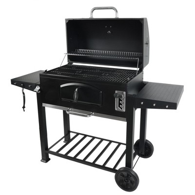 Grill Boss 32” Steel Charcoal BBQ Grill and Side Shelves, Front Access Door, Adjustable Charcoal Tray, Built In Thermometer, Large Cooking Area, Black