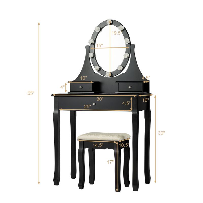 Tangkula Lighted Vanity Mirror Set Makeup Dressing Table w/ 3 Drawers Mirror & 10 LED Bulbs Black, 3 of 7