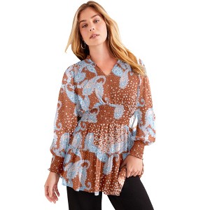 June + Vie by Roaman's Women's Plus Size Smocked Georgette Tunic - 1 of 4