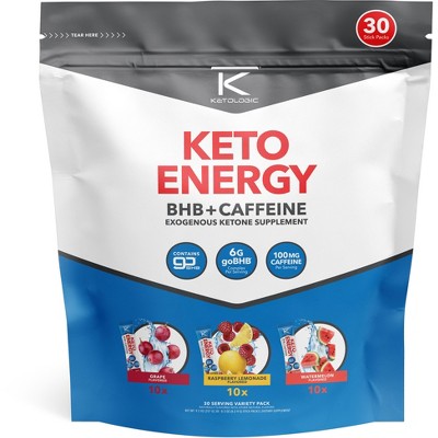 Ketologic KetoEnergy BHB + Caffeine Variety Pack (100mg) 30 Sticks – 6g goBHB® Complex, Grape, Raspberry Lemonade & Watermelon