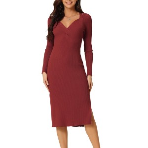 Seta T Women's Fall Winter Long Sleeve V Neck Ribbed Knit Side Slit Twist Front Midi Sweater Dress - 1 of 4