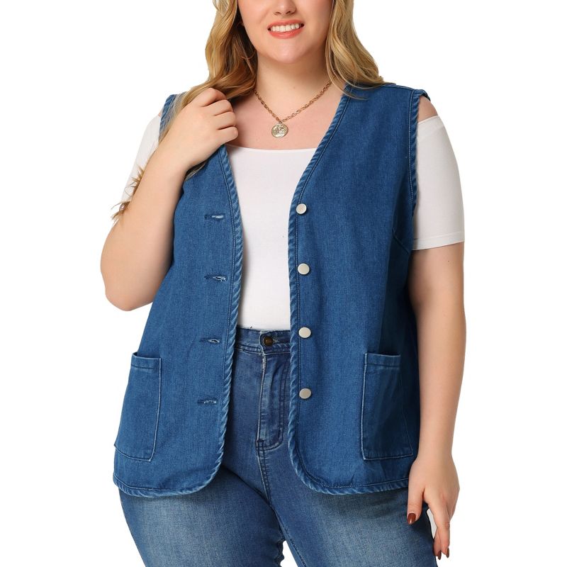 Agnes Orinda Women's Plus Size Sleeveless Denim Button Down V Neck Jean Vest, 1 of 7