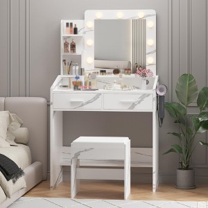 Vanity Desk with Power Outlet, Makeup Vanity with Large Mirror and LED Lights, 7 Drawers & Cushioned Stool - 1 of 4