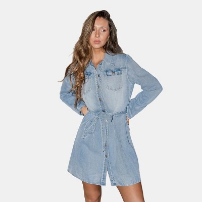 Women's Faded Denim Collared Button-Up Mini Shirt Dress -Cupshe
