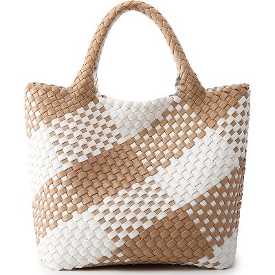 Paaaawaters Woven Bag for Women, Vegan Leather Tote Bag Large Summer Beach Travel Handbag