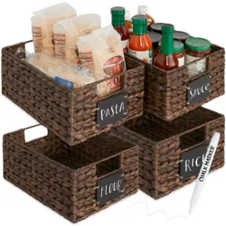 Best Choice Products Set of 4 12in Woven Water Hyacinth Pantry Baskets  w/ Chalkboard Label, Chalk Marker - Brown