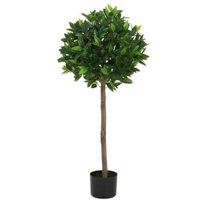 Gulches 49in Artificial Bay Topiary Tree Ball Set of 2 in Pot Green Silk Leaves Wood Trunk Indoor Outdoor Decor - 1 of 4