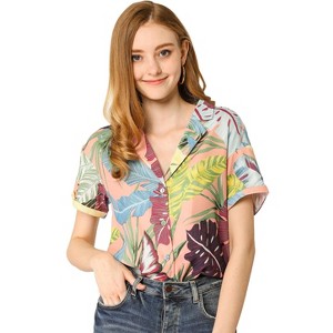 Allegra K Women's Hawaiian Floral Leaves Printed Short Sleeve Button Down Vintage Shirt - 1 of 4