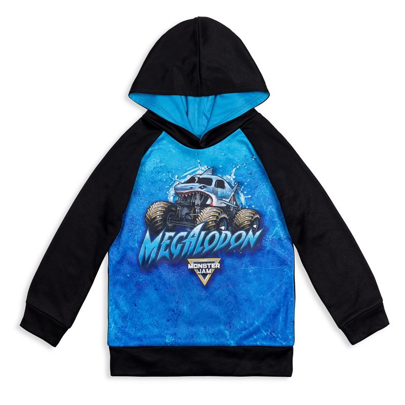 Monster Jam Trucks Megalodon Toddler Boys Fleece Raglan Hoodie Black/Blue , 1 of 8