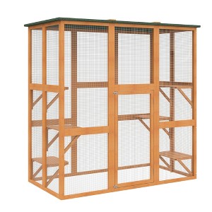 PawHut Large Wooden Outdoor Cat House Catio Enclosure, Kitten Cage with Weather Protection, Cat Patio with 6 Platforms - 71"L - 1 of 4