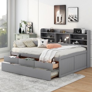 Twin/Full Size Wooden Captain Bed with Built-in Bookshelves,Three Storage Drawers and Trundle - ModernLuxe - 1 of 4