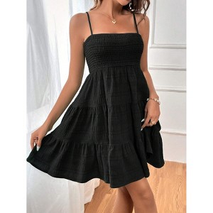 Women Summer Dresses Square Neck Spaghetti Strap Dress Casual Sleeveless Smocked Sundress A Line Tiered Beach Dress - 1 of 3