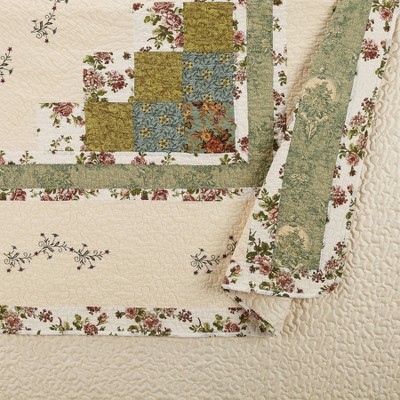 Olivia Green and Cream Cotton Queen Bedspread with Floral Embroidery